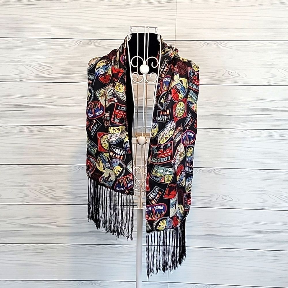 Vintage silk and black velvet scarf of famous cities